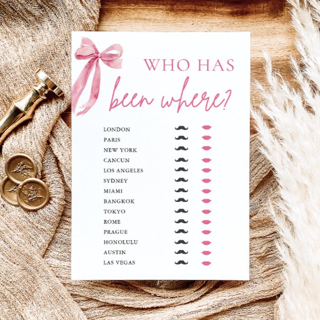 Convites Elegante Arco Rosa Moderno Que Tem Estado Onde O J (Elegant Modern Pink Bow Who Has Been Where Game)