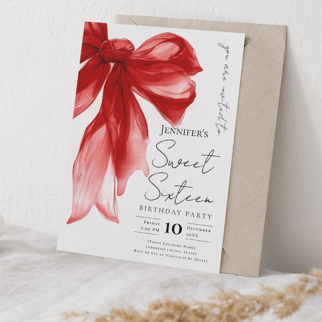 Convites Elegante Arco Vermelho Coquette Script Festa Sweet (Elegant Red Bow Coquette Script Sweet 16 Party Invitation)