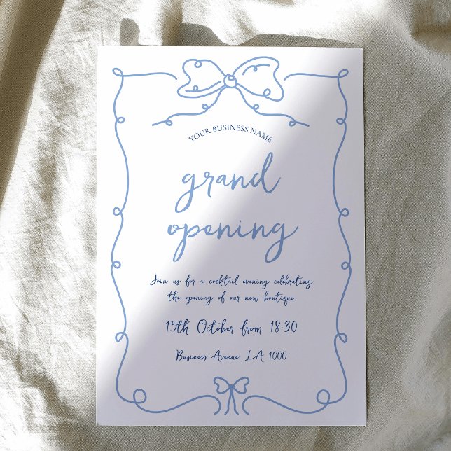 Convites Elegante Arcos Whimsical Blue Business Evento de a (Elegant hand-drawn business grand opening invitation with handwritten style font in blue and white)