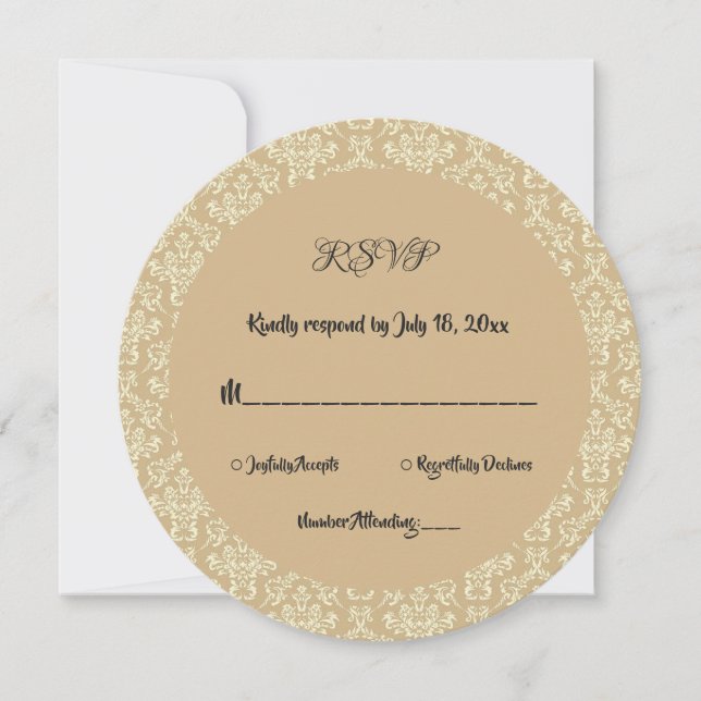 Convites Elegante Art Deco Beige Damask Round Wedding RSVP (Frente)