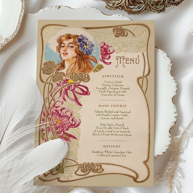 Convites Elegante Art Nouveau Janto Casamento Menu Floral (Criador carregado)