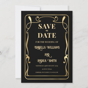 Convites Elegante Art Nouveau Preto e Dourado Save The Date