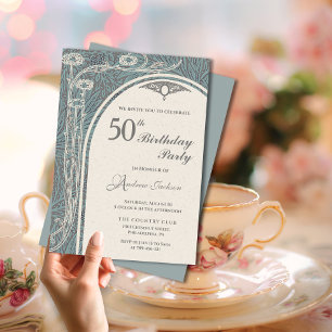 Convites Elegante Art Nouveau Teal & Silver Floral Birthday