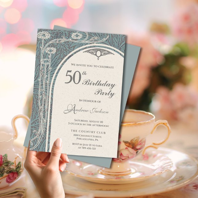 Convites Elegante Art Nouveau Teal & Silver Floral Birthday (Elegant Art Nouveau Teal & Silver Floral Birthday Invitation)