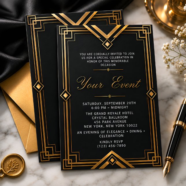 Convites Elegante Arte Deco Preto e Dourado para Qualquer O (Criador carregado)