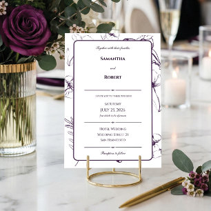 Convites Elegante Arte Linear Floral Roxo Ameixa Casamento