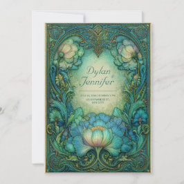 Convites Elegante Arte Nova Floral Teal Antigo Casamento