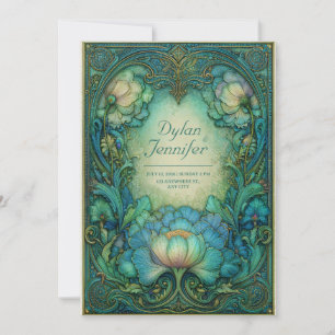 Convites Elegante Arte Nova Floral Teal Antigo Casamento