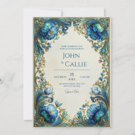 Convites Elegante Arte Nova Floral Teal Cinzelado Casamento