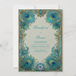 Convites Elegante Arte Nova Turquesa Pluma Casamento Dourad