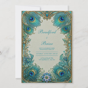 Convites Elegante Arte Nova Turquesa Pluma Casamento Dourad