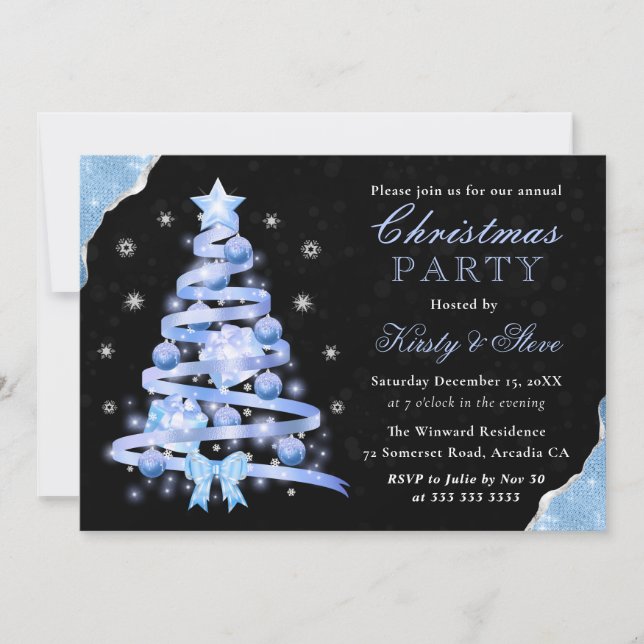 Convites Elegante Árvore de Natal com Fita Azul Claro para  (Frente)