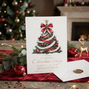 Convites Elegante árvore de Natal vermelha e dourada Invern