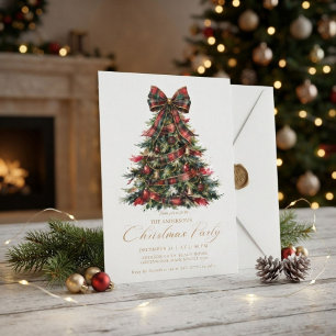 Convites Elegante árvore de Natal vermelha xadrez e dourada