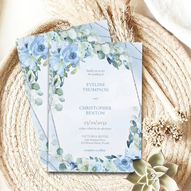Convites Elegante azul-aquarela cor verde-prateado (watercolor blue winter flowers mixed eucalyptus and silver frame wedding invitation)
