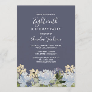 Convites Elegante Azul Cinza Floral Aquarela 18º Aniversári