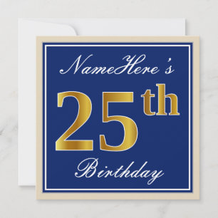 Convites Elegante, Azul, Dourado Falso Aniversário de 25 an
