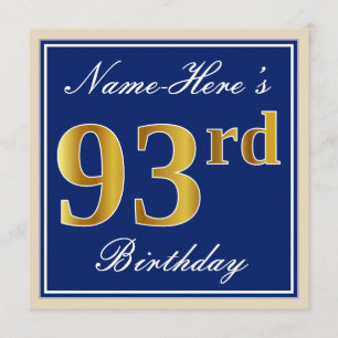 Convites Elegante, Azul, Dourado Falso Aniversário de 93 an