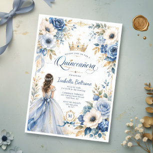 Convites Elegante Azul Dourado Princesa Floral Quinceañera