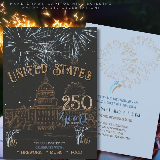 Convites Elegante Azul & Dourado US 250 Capitol (Elegant Blue & Gold US 250 Capi Invitation)