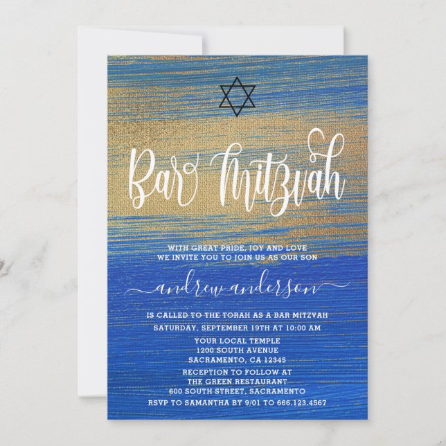 Convites Elegante Azul E Bar Dourado Mitzvah (Frente)