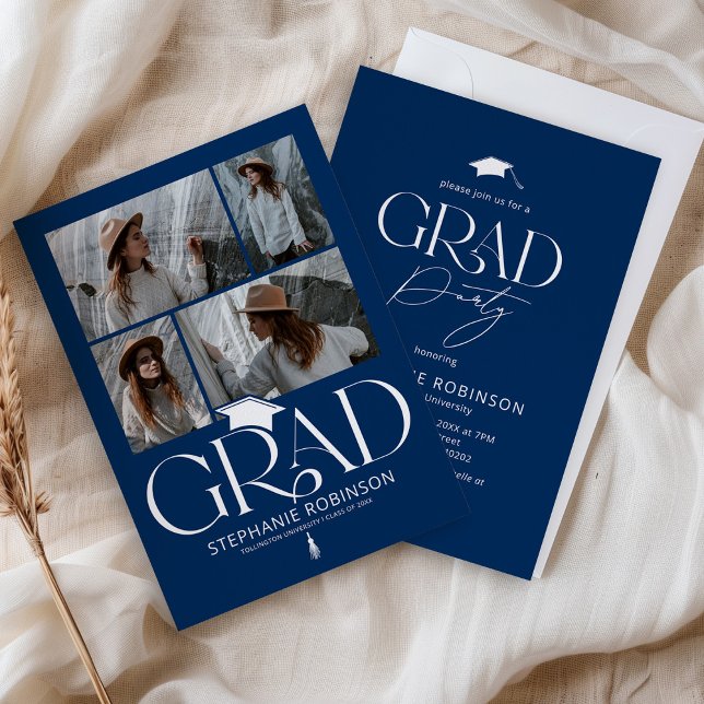 Convites Elegante Azul e Branco Festa de Graduação com 4 Fo (Criador carregado)