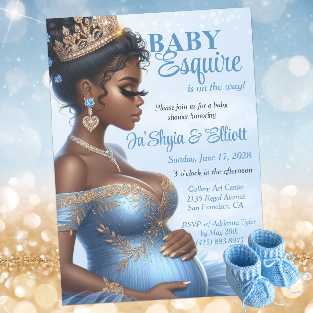 Convites Elegante Azul e Dourada Mulher Étnica Chá de frald (Pregnant African American Woman Elegant Blue & Gold Royal Baby Shower Invitation )