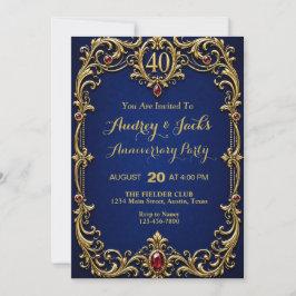 Convites Elegante Azul e Dourado 40º Aniversário