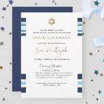 Convites Elegante Azul e Dourado Bar Mitzvah<br><div class="desc">Convide amigos e família com este elegante Bar Mitzvah convite com talentos azuis, marinhos, brancos e dourados! Capacidade de adicionar seus detalhes de cerimônia e recepção, almoço, janto ou festa! Douradas listras, frase do Bar Mitzvah e estrela de David em folha de ouro falso. Detalhes da caligrafia escrita à mão....</div>