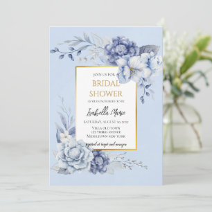 Convites Elegante Azul e Dourado Chá de panela Floral