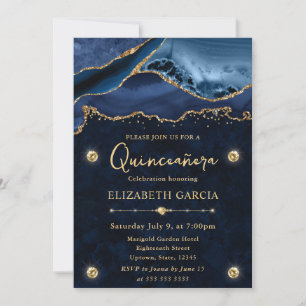 Convites Elegante Azul e Dourado com Brilho de Ágata Quince