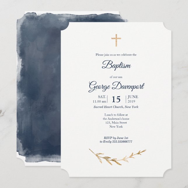 Convites Elegante azul e Dourado evento religioso do Batism (Frente/Verso)