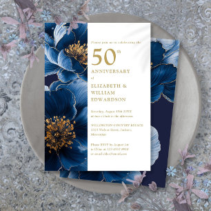 Convites Elegante Azul E Dourado Floral 50º Aniversário