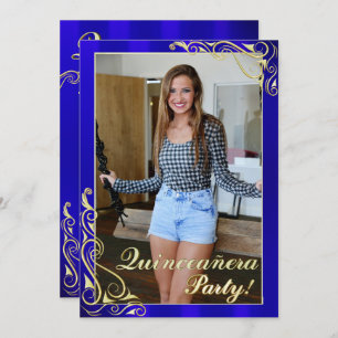 Convites Elegante Azul e Dourado Sua Foto Quinceañera