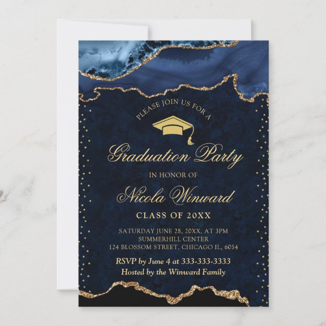 Convites Elegante Azul e Mármore Ágata Graduação (Frente)