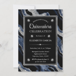 Convites Elegante Azul e Prata Brilho Ágata Quinceanera