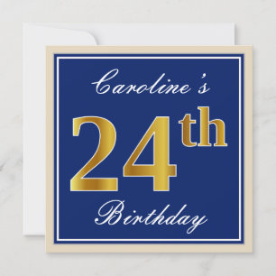 Convites Elegante, Azul, Faux Dourado 24. Aniversário + No