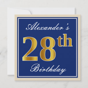 Convites Elegante, Azul, Faux Dourado 28. Aniversário + No