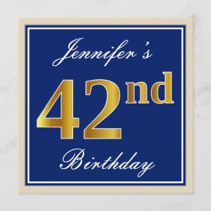 Convites Elegante, Azul, Faux Dourado 42º Aniversário + Nom
