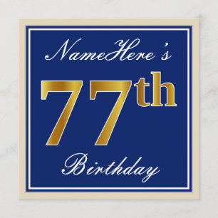 Convites Elegante, Azul, Faux Dourado 77º Aniversário + Nom