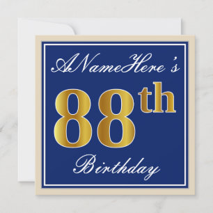 Convites Elegante, Azul, Faux Dourado 88º Aniversário + Nom