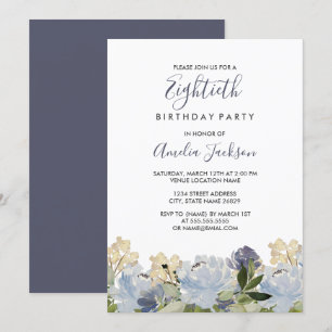 Convites Elegante Azul Floral Aquarela 80º Aniversário