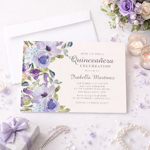 Convites Elegante Azul Lilás Floral Horizontal Quinceañera