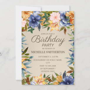 Convites Elegante Azul Marinho Amarelo Floral Aniversário F
