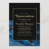 Elegante Azul Marinho Dourado Ágata Mármore Quince