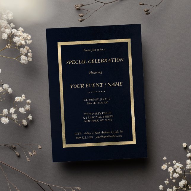 Convites Elegante azul marinho dourado Evento Especial (Elegant navy blue gold Special Event )