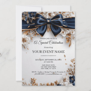 Convites Elegante Azul Marinho Dourado Floral Laço Festa