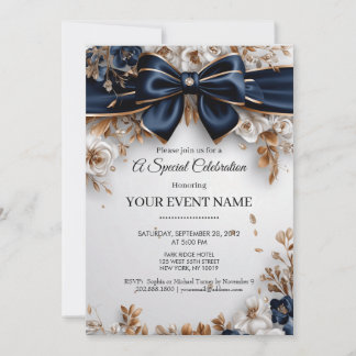 Convites Elegante Azul Marinho Dourado Floral Laço Festa