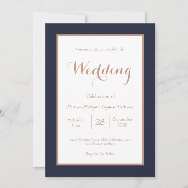 Convites Elegante Azul Marinho e Branco Falso Casamento de  (Frente)