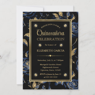 Convites Elegante Azul Marinho e Dourado Rosa Floral Quince